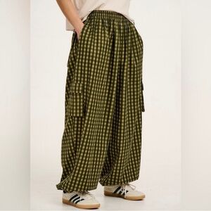 Lucy & Yak Cotton & Linen Balloon Trousers in Green Emin Gingham US 22/UK 26